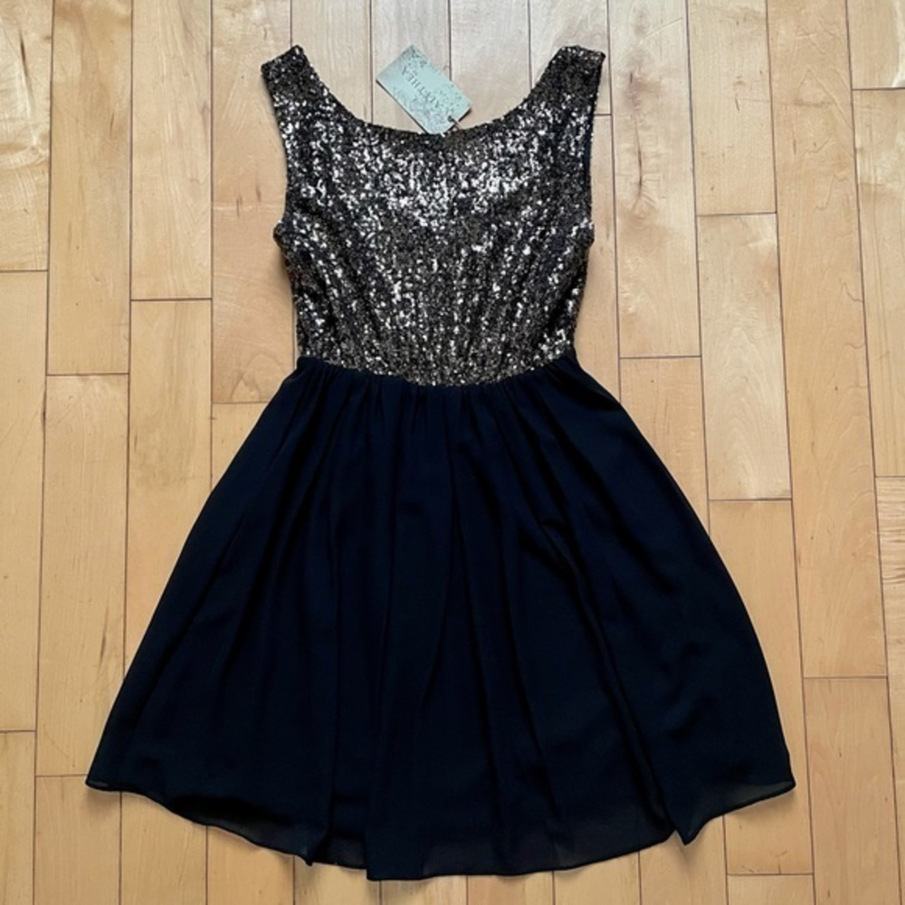 🖤 ALYTHEA‎ GOLD SEQUINS AND BLACK CHIFFON DRESS 🖤